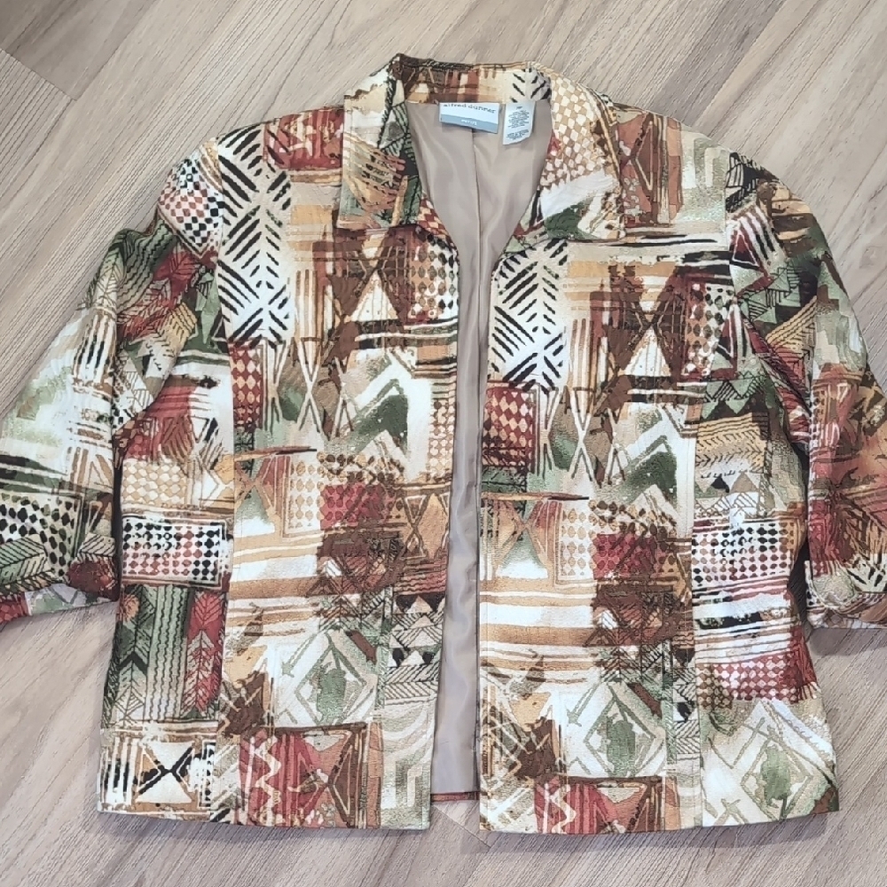 Alfred Dunner Brown Orange Green Cotton Blazer with African Inspired Pattern